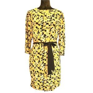 H&M Dress Woman's Yellow White Gray Black 3/4 Sleeve Belted Midi Dress SZ 10 EUC